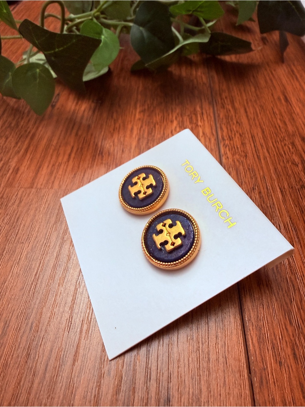 Tory Burch Navy and Gold Logo Button Necklace Pendant